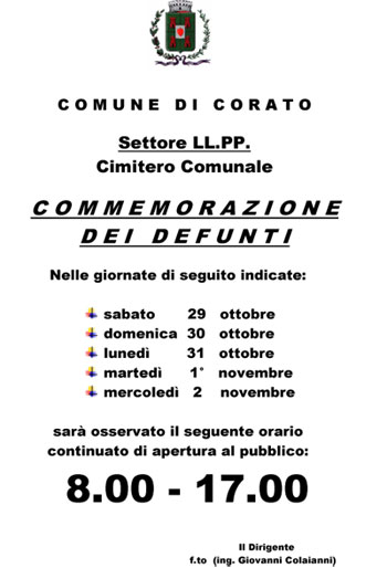 Orario Cimitero Comunale per Commem.Defunti